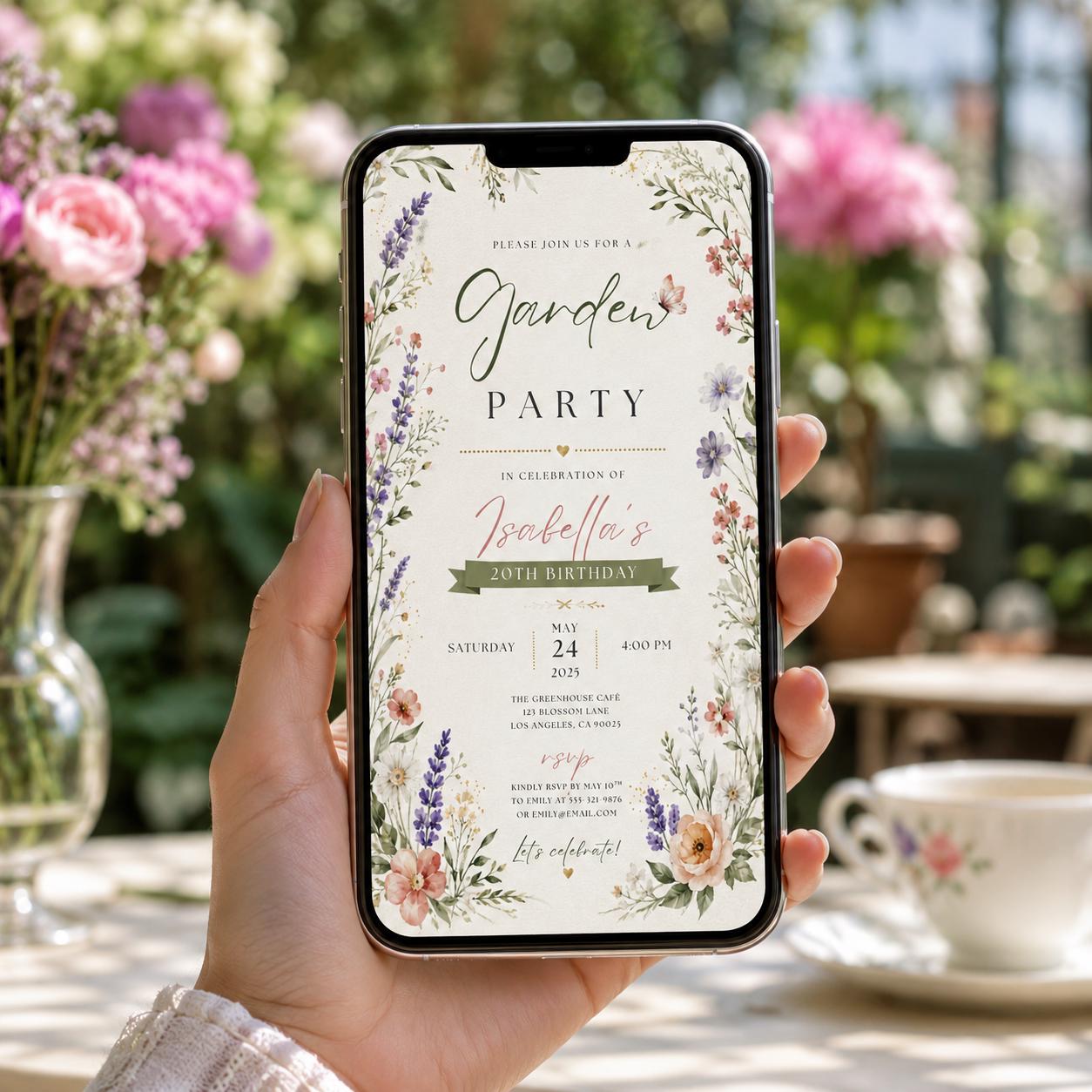 Editable Garden Birthday Invitation Canva Template, Pink Floral Girls Kids Teens Cute Fun DIY Chic Party Invite, Printable Digital Download.