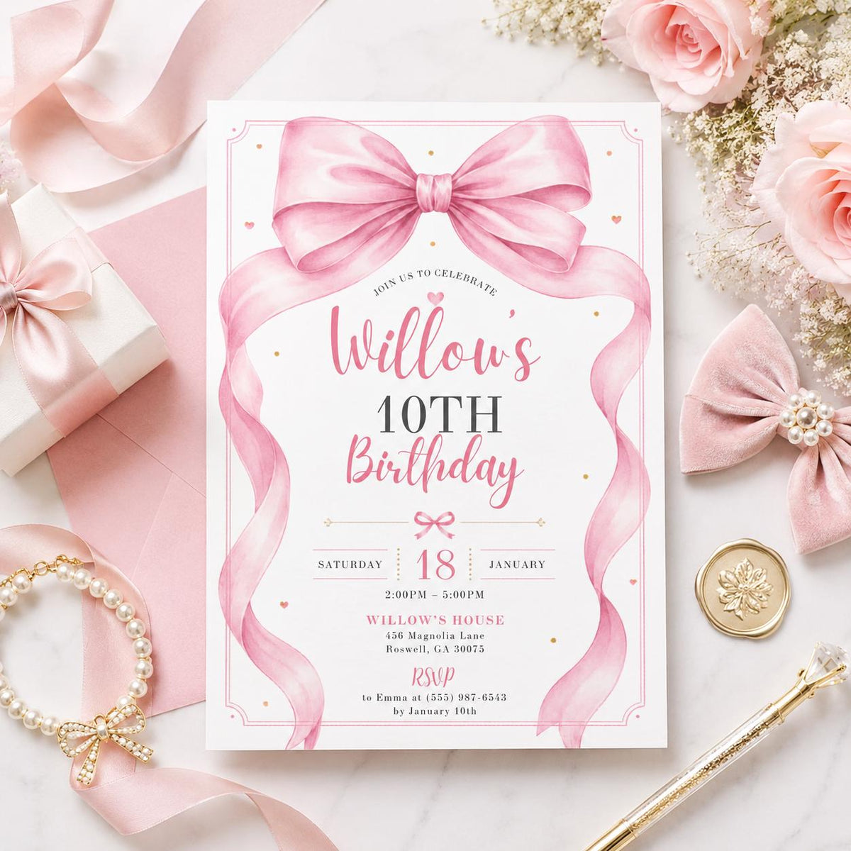 Editable Pink Bow Birthday Invitation Canva Template, Cute Girls Teens Bow Fun DIY Sweet Chic Kids Party Invite, Printable Digital Download.