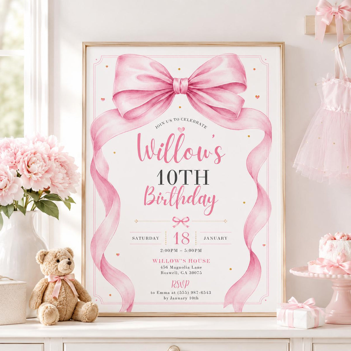 Editable Pink Bow Birthday Invitation Canva Template, Cute Girls Teens Bow Fun DIY Sweet Chic Kids Party Invite, Printable Digital Download.