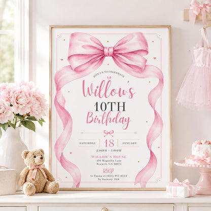 Editable Pink Bow Birthday Invitation Canva Template, Cute Girls Teens Bow Fun DIY Sweet Chic Kids Party Invite, Printable Digital Download.