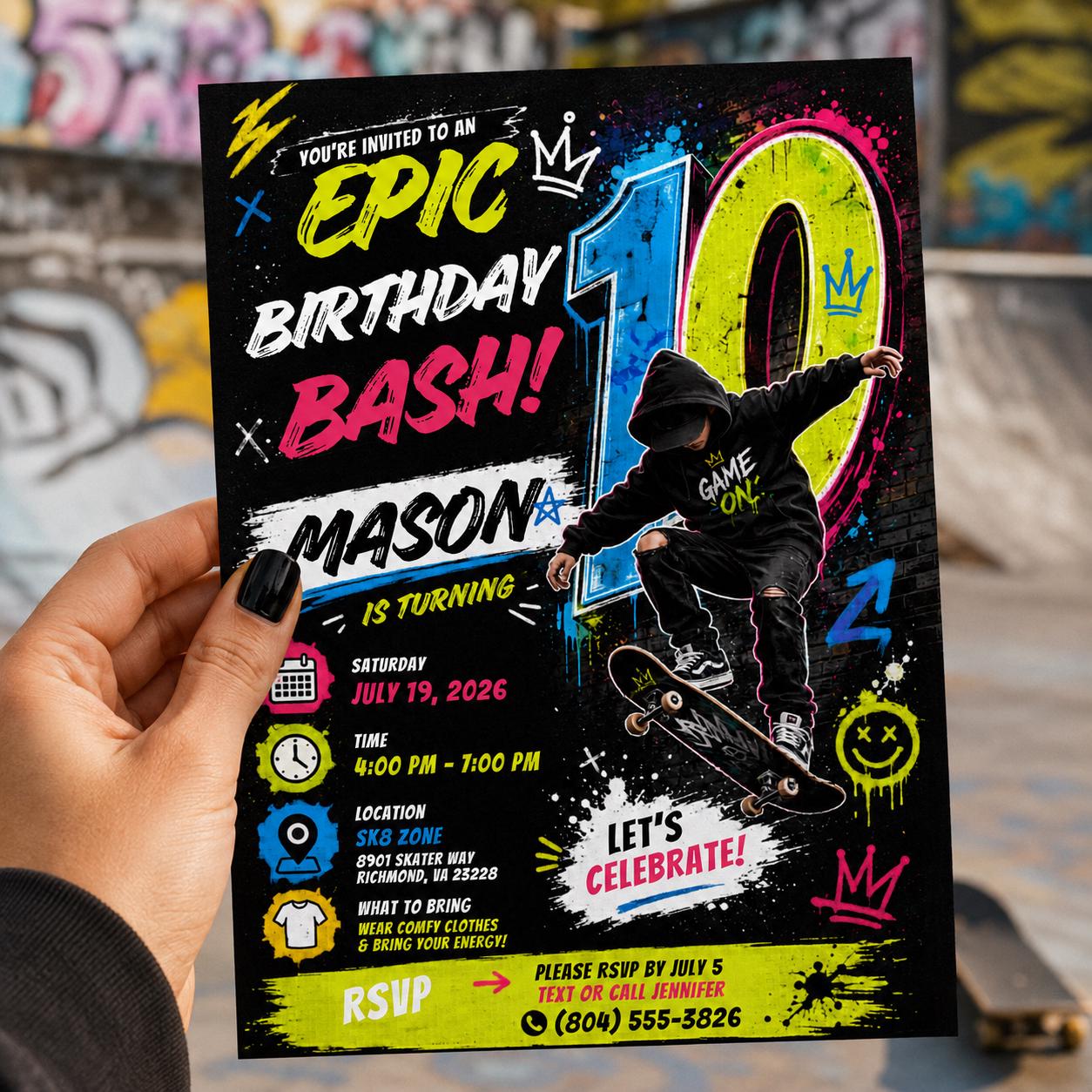 Editable Neon Glow Birthday Invitation Canva Template, Boys Kids Teens Neon Cute Fun DIY Chic Teen Party Invite, Printable Digital Download.