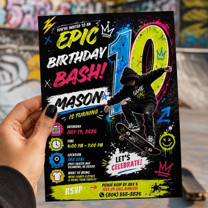 Editable Neon Glow Birthday Invitation Canva Template, Boys Kids Teens Neon Cute Fun DIY Chic Teen Party Invite, Printable Digital Download.