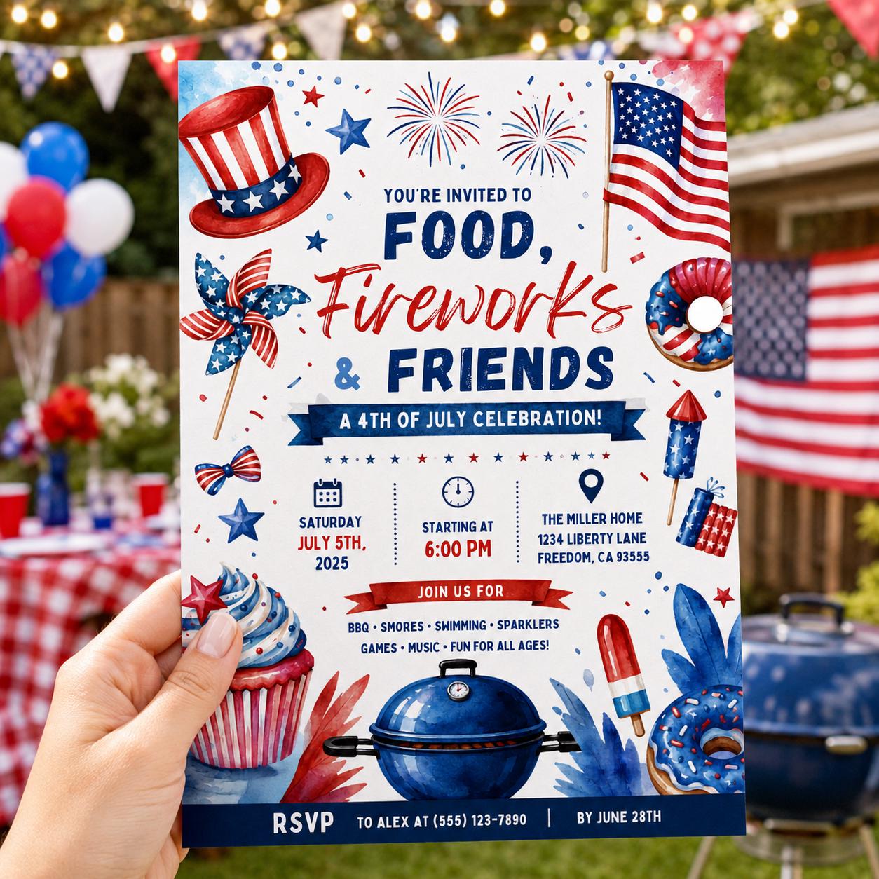 Editable 4th of July Bbq Birthday Invitation Canva Template, Blue White Red Kids Cute Fun DIY Chic Party Invite, Printable Digital Download.