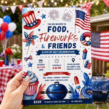 Editable 4th of July Bbq Birthday Invitation Canva Template, Blue White Red Kids Cute Fun DIY Chic Party Invite, Printable Digital Download.