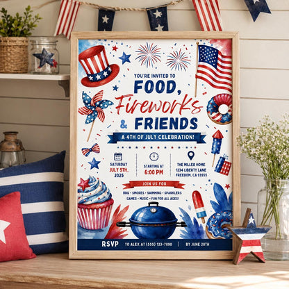 Editable 4th of July Bbq Birthday Invitation Canva Template, Blue White Red Kids Cute Fun DIY Chic Party Invite, Printable Digital Download.
