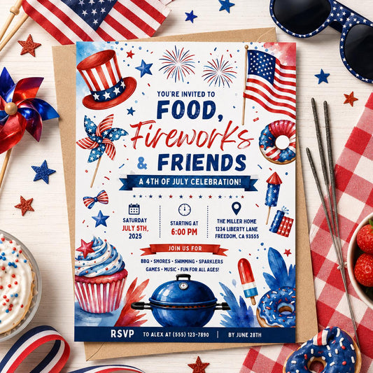 Editable 4th of July Bbq Birthday Invitation Canva Template, Blue White Red Kids Cute Fun DIY Chic Party Invite, Printable Digital Download.