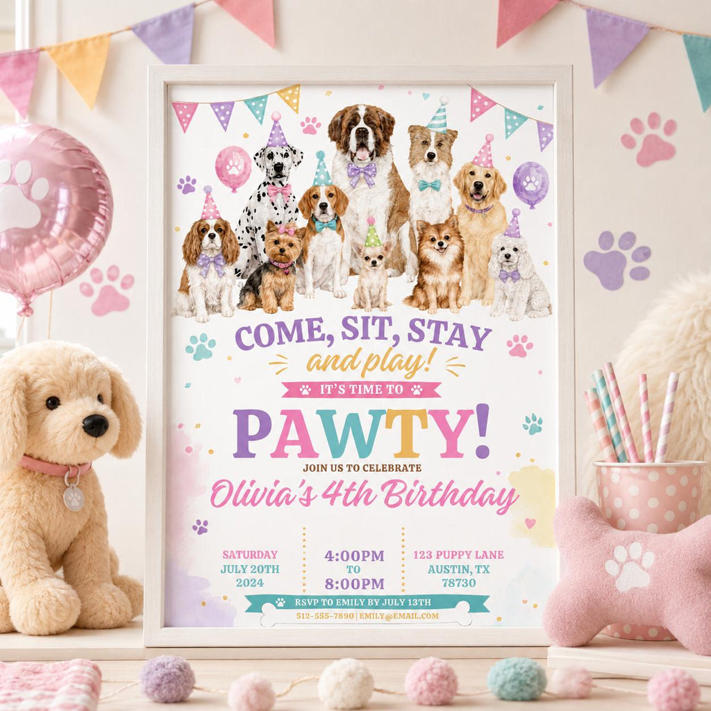 Editable Puppy Dog Birthday Invitation Canva Template, Pink Preppy Girls Puppy Cute Modern Fun DIY Party Invite, Printable Digital Download.