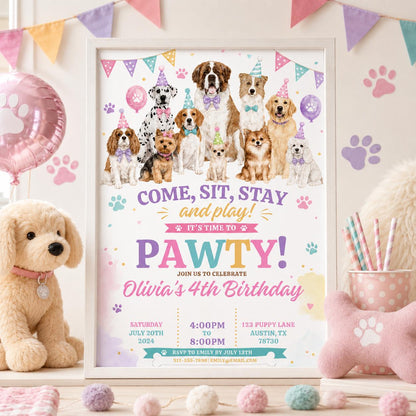 Editable Puppy Dog Birthday Invitation Canva Template, Pink Preppy Girls Puppy Cute Modern Fun DIY Party Invite, Printable Digital Download.
