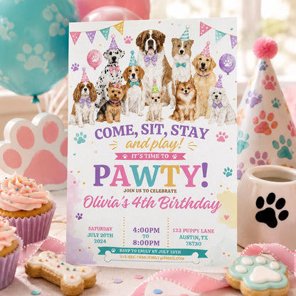 Editable Puppy Dog Birthday Invitation Canva Template, Pink Preppy Girls Puppy Cute Modern Fun DIY Party Invite, Printable Digital Download.