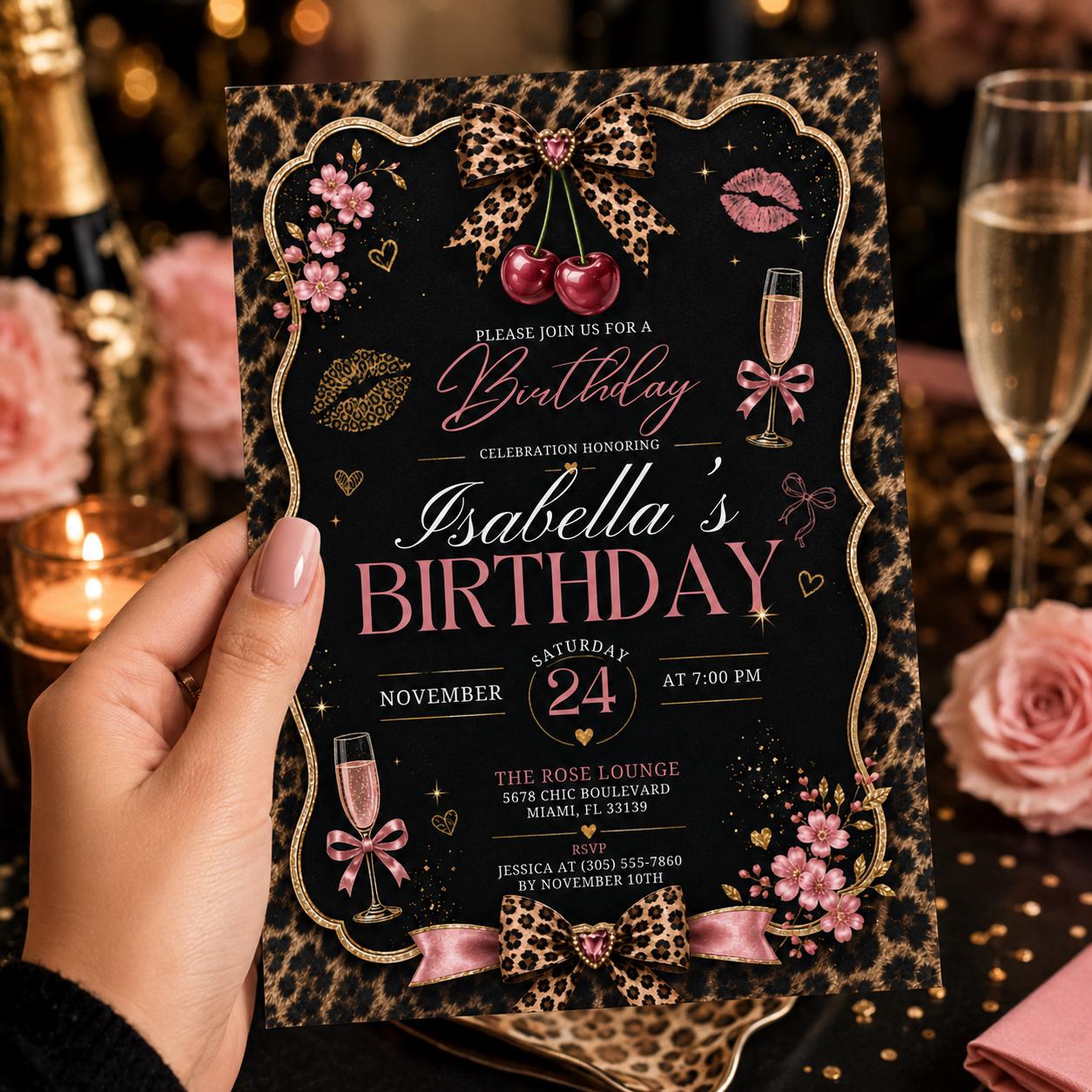 Editable Cheetah Birthday Invitation Canva Template, Black Girls Cute Fun DIY Sweet Chic Kids Teen Party Invite, Printable Digital Download.