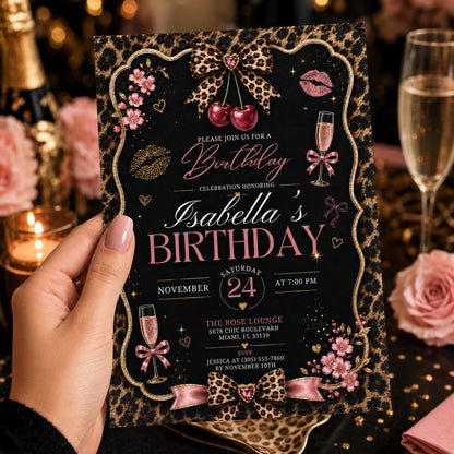 Editable Cheetah Birthday Invitation Canva Template, Black Girls Cute Fun DIY Sweet Chic Kids Teen Party Invite, Printable Digital Download.