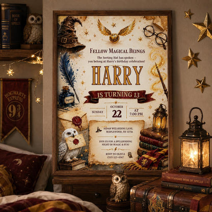 Editable Wizards Witches Birthday Invitation Canva Template, Cute Modern Fun Themed DIY Sweet Chic Party Invite, Printable Digital Download.