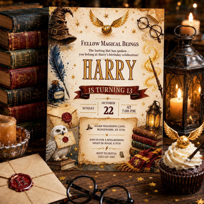 Editable Wizards Witches Birthday Invitation Canva Template, Cute Modern Fun Themed DIY Sweet Chic Party Invite, Printable Digital Download.
