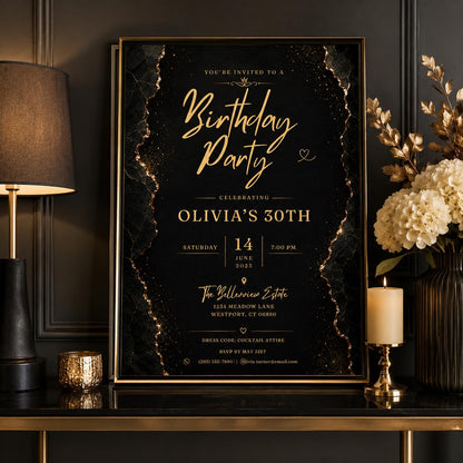 Editable Black Gold Birthday Invitation Canva Template, Modern Luxury Boys Adult Cute Fun DIY Chic Party Invite, Printable Digital Download.