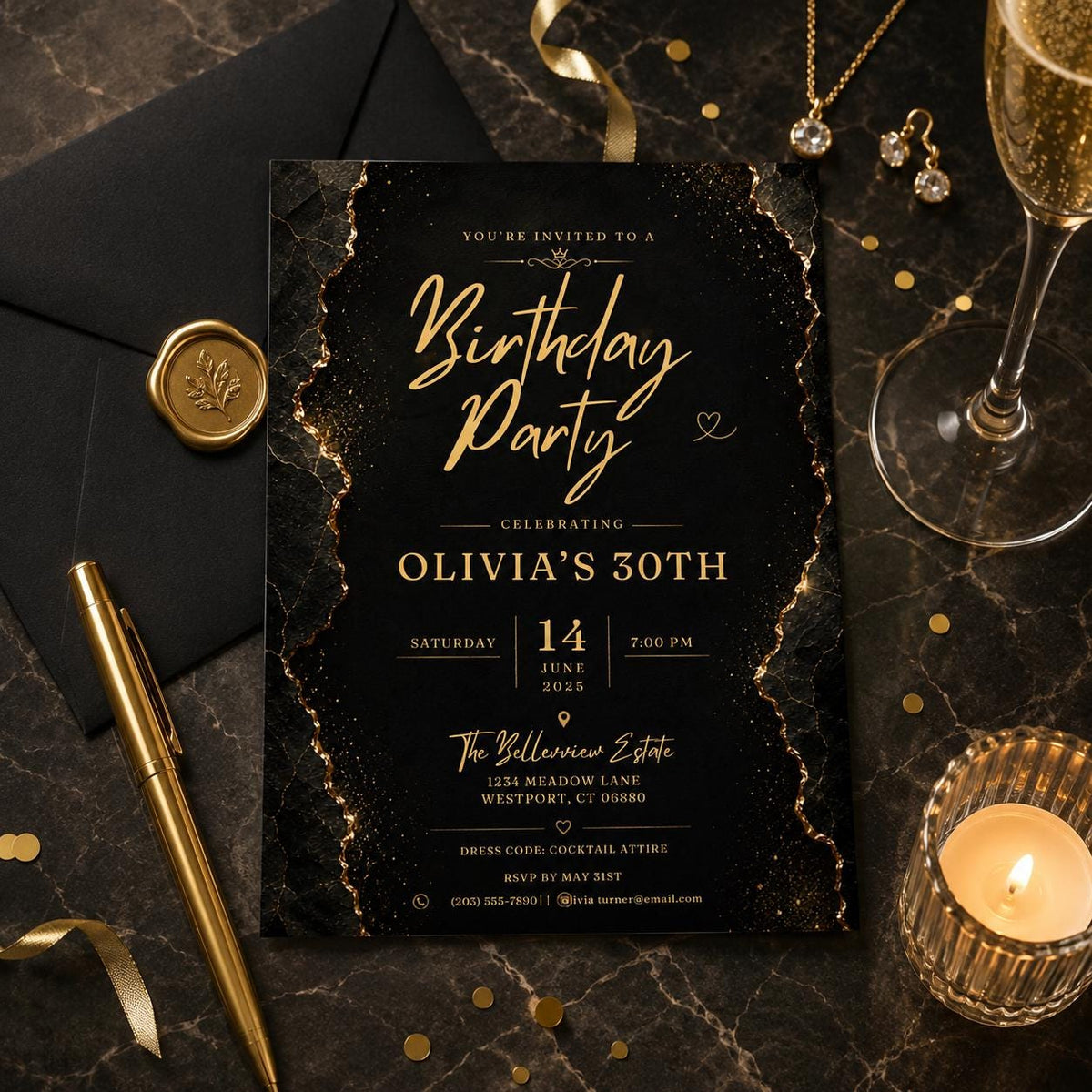 Editable Black Gold Birthday Invitation Canva Template, Modern Luxury Boys Adult Cute Fun DIY Chic Party Invite, Printable Digital Download.