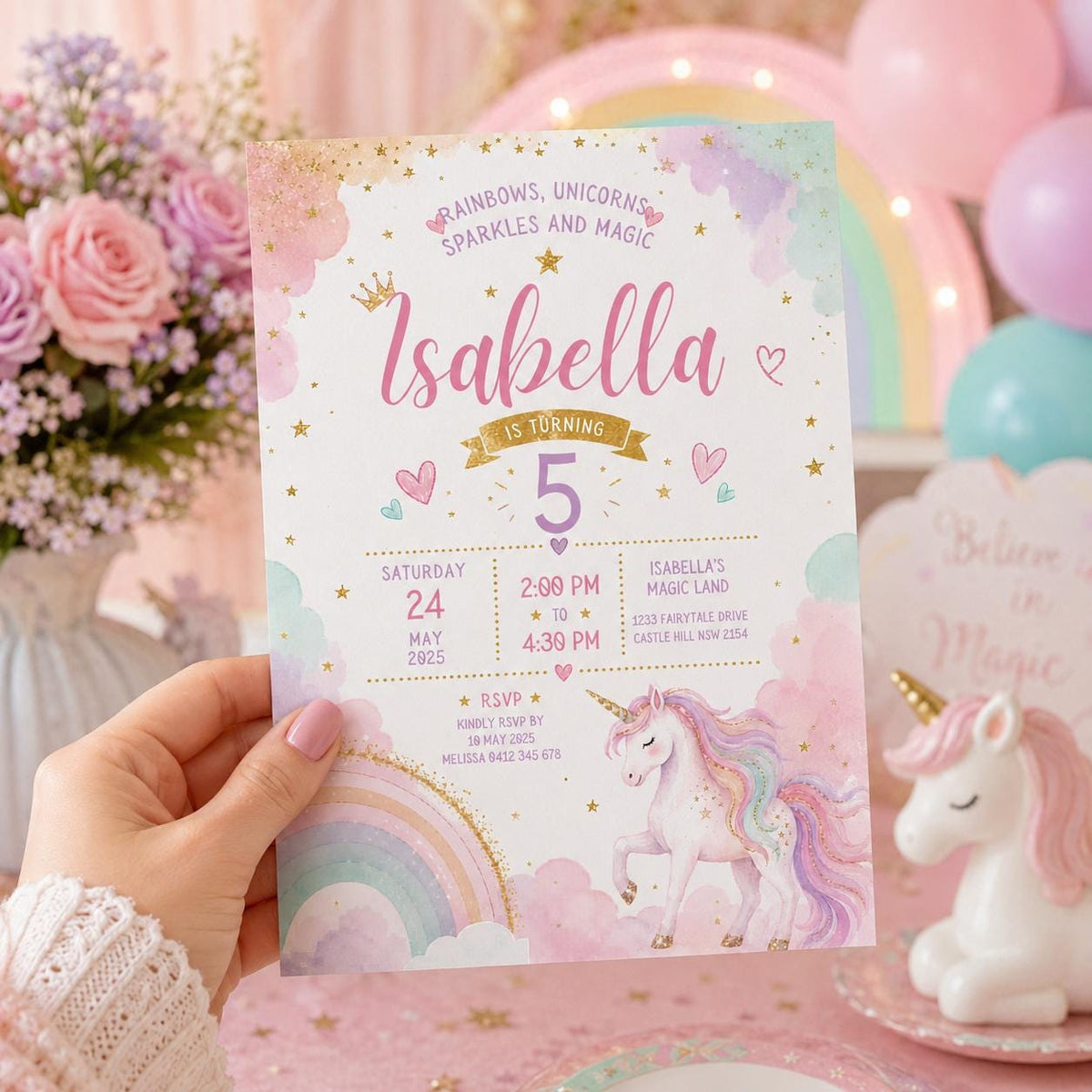 Editable Rainbow Birthday Invitation Canva Template, Girls Kids Cute Fun DIY Sweet Chic Teen Tween Party Invite, Printable Digital Download.