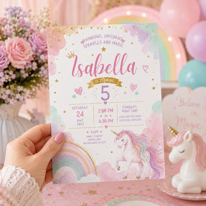 Editable Rainbow Birthday Invitation Canva Template, Girls Kids Cute Fun DIY Sweet Chic Teen Tween Party Invite, Printable Digital Download.