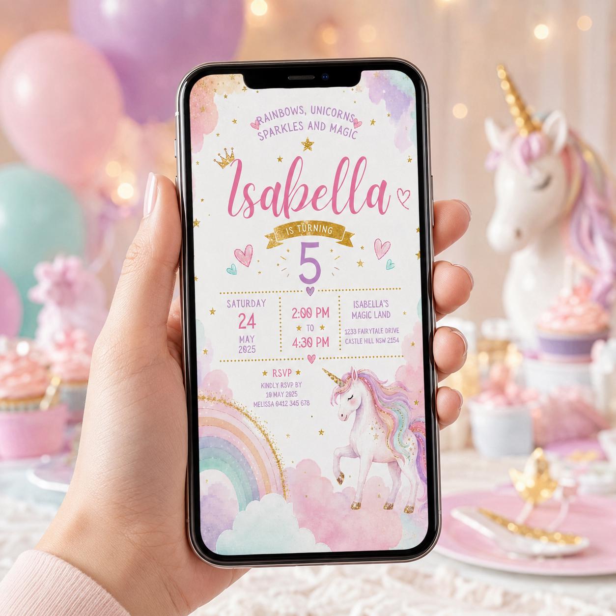 Editable Rainbow Birthday Invitation Canva Template, Girls Kids Cute Fun DIY Sweet Chic Teen Tween Party Invite, Printable Digital Download.