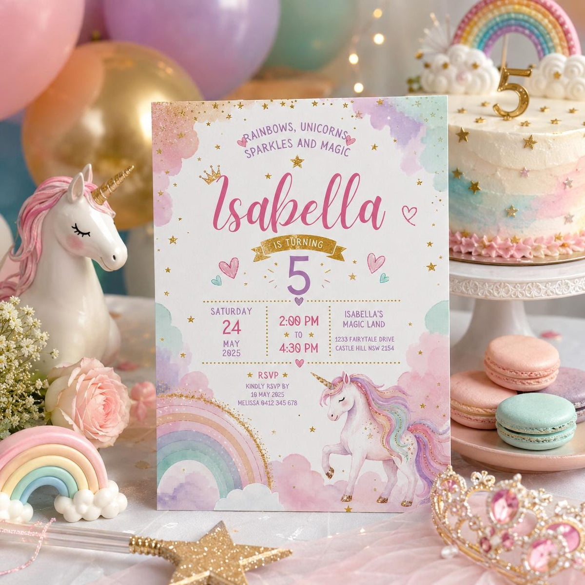 Editable Rainbow Birthday Invitation Canva Template, Girls Kids Cute Fun DIY Sweet Chic Teen Tween Party Invite, Printable Digital Download.