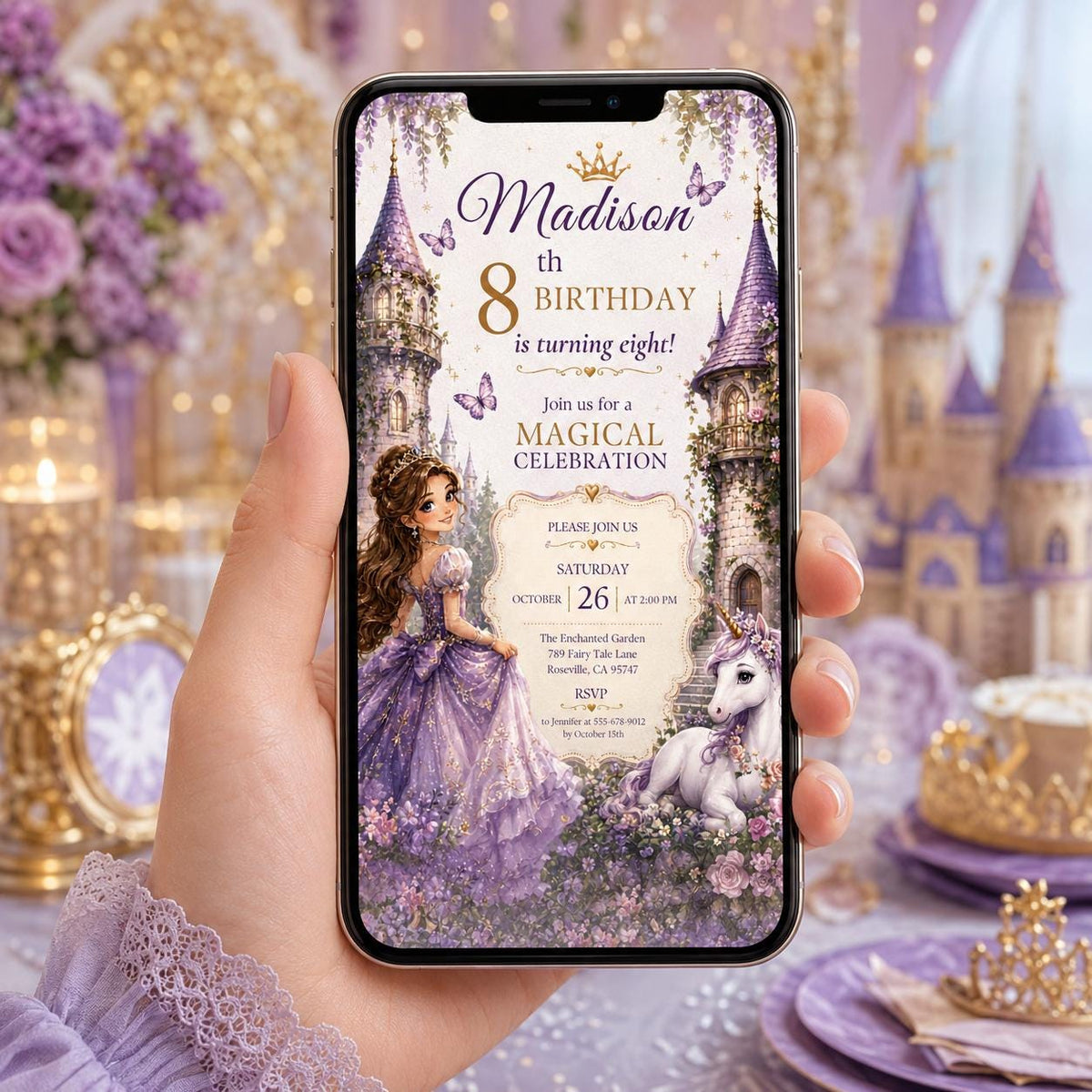 Editable Princess Birthday Invitation Canva Template, Girls Cute Modern Fun Themed Custom DIY Chic Party Invite, Printable Digital Download.