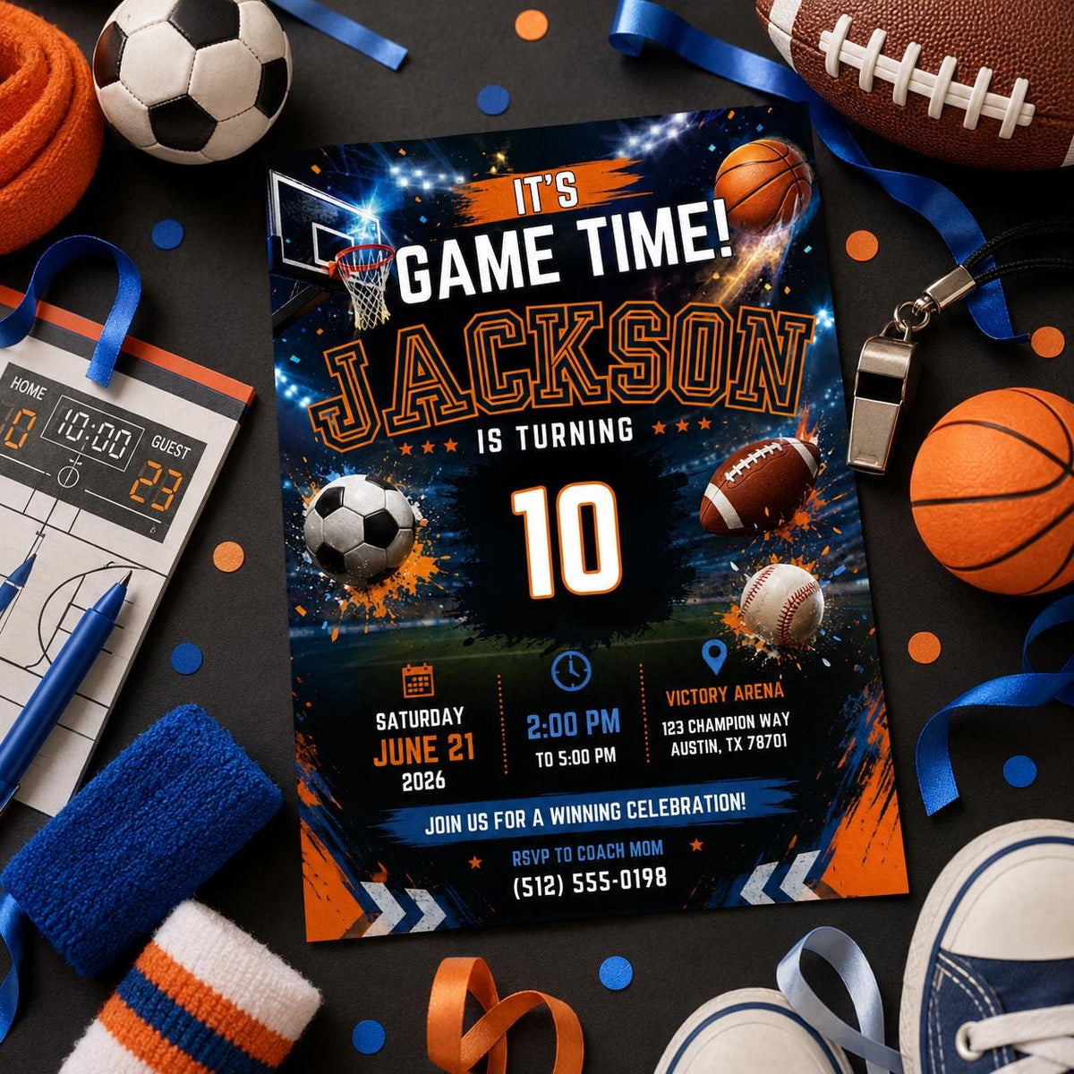 Editable Sports Birthday Invitation Canva Template, Boys Sports Sport Cute Fun DIY Sweet Chic Kids Party Invite, Printable Digital Download.
