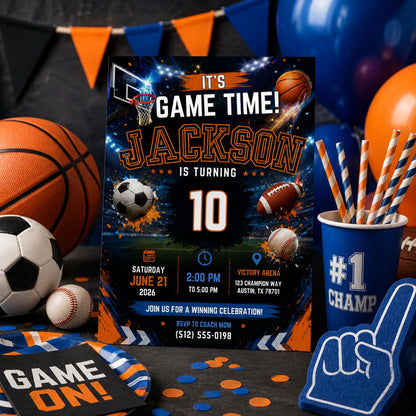 Editable Sports Birthday Invitation Canva Template, Boys Sports Sport Cute Fun DIY Sweet Chic Kids Party Invite, Printable Digital Download.