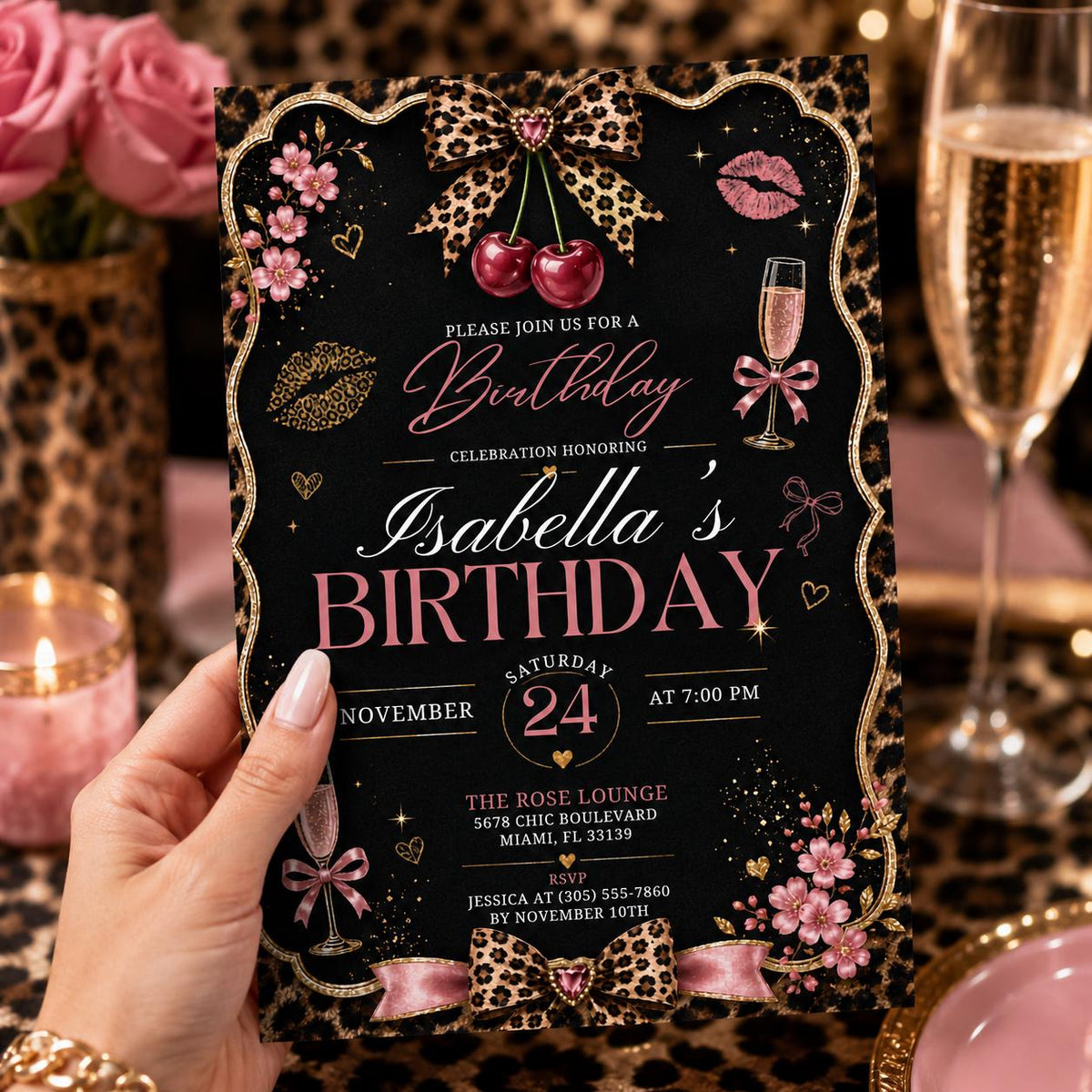 Editable Cheetah Birthday Invitation Canva Template, Black Girls Cute Fun DIY Sweet Chic Kids Teen Party Invite, Printable Digital Download.