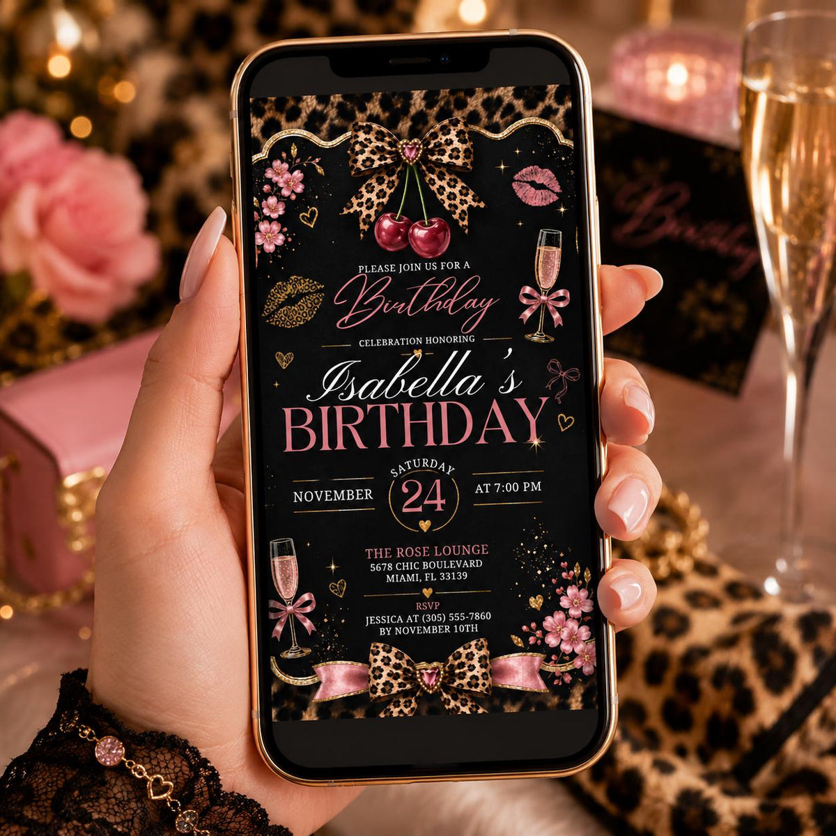Editable Cheetah Birthday Invitation Canva Template, Black Girls Cute Fun DIY Sweet Chic Kids Teen Party Invite, Printable Digital Download.