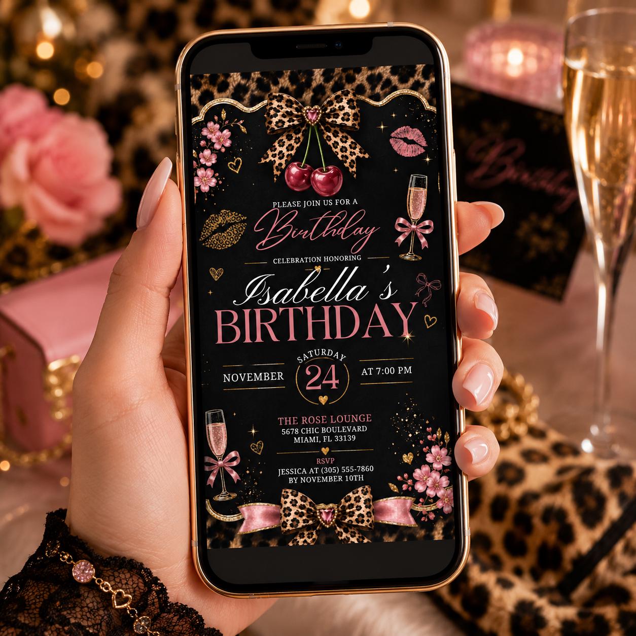 Editable Cheetah Birthday Invitation Canva Template, Black Girls Cute Fun DIY Sweet Chic Kids Teen Party Invite, Printable Digital Download.