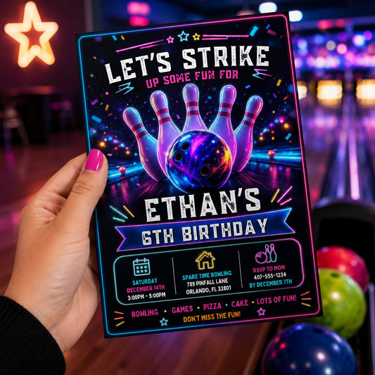 Editable Neon Glow Birthday Invitation Canva Template, Boys Neon Cute Fun DIY Sweet Chic Kids Teen Party Invite, Printable Digital Download.