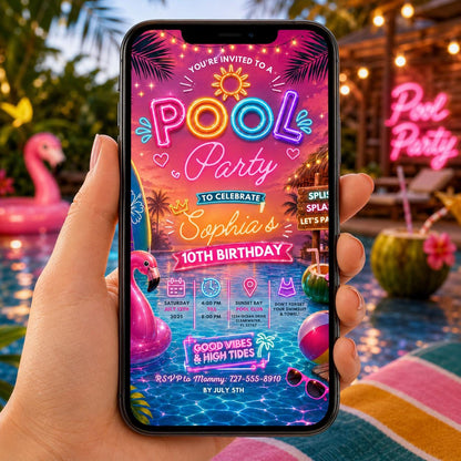 Editable Pool Birthday Invitation Canva Template, Blue Green Neon Boys Pool Cute Fun DIY Chic Kids Party Invite, Printable Digital Download.
