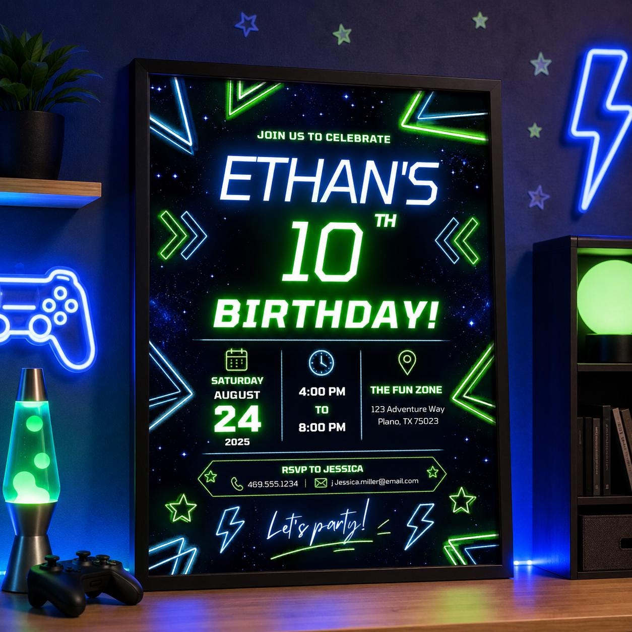Editable Neon Glow Birthday Invitation Canva Template, Boys Teens Neon Cute Fun DIY Chic Kids Teen Party Invite, Printable Digital Download.