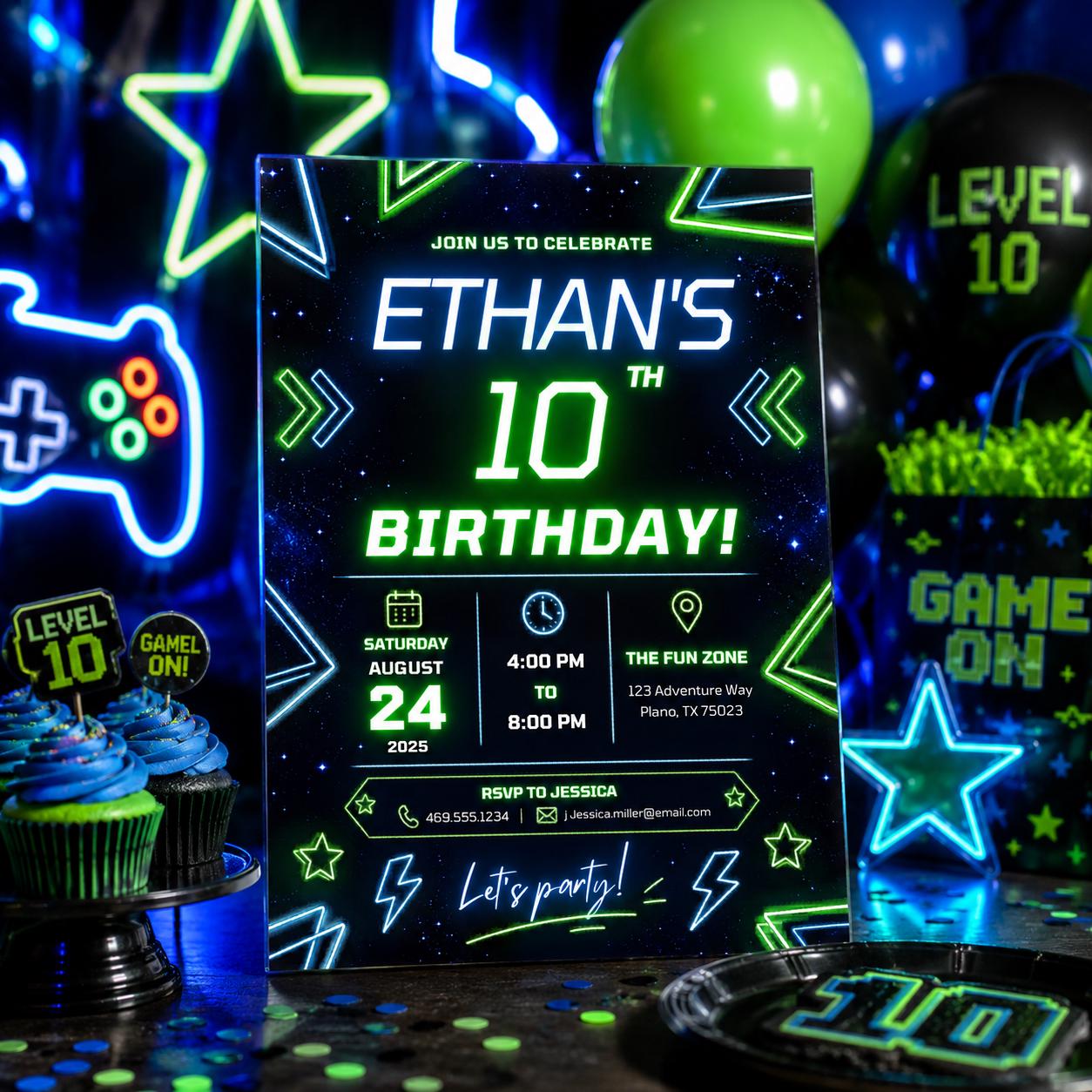 Editable Neon Glow Birthday Invitation Canva Template, Boys Teens Neon Cute Fun DIY Chic Kids Teen Party Invite, Printable Digital Download.