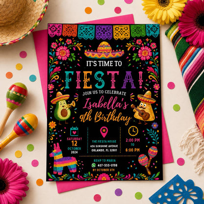 Editable Fiesta Birthday Invitation Canva Template, Taco Cute Modern Fun Themed DIY Chic Kids Teen Party Invite, Printable Digital Download.