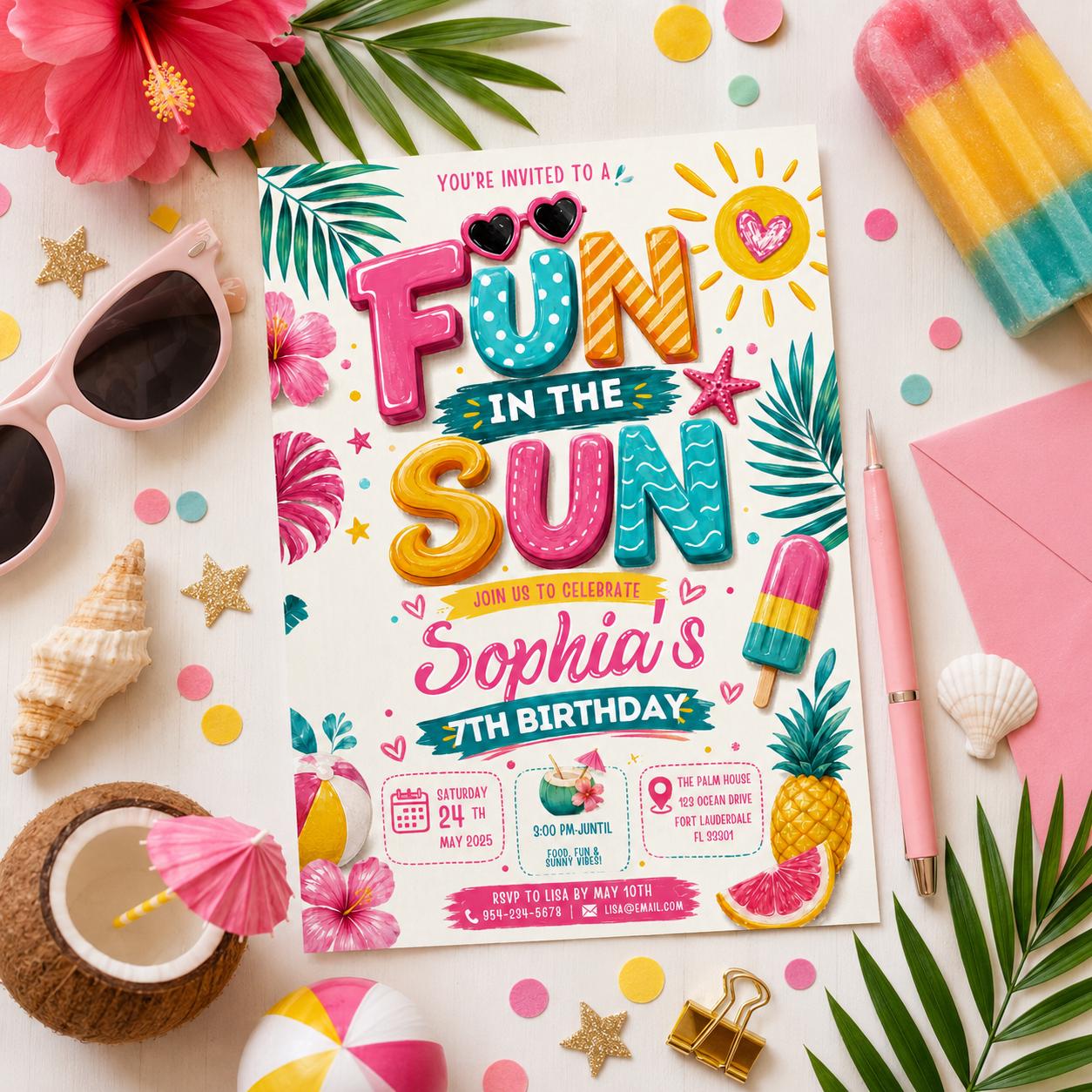 Editable Beach Birthday Invitation Canva Template, Kids Beach Cute Modern Fun Themed DIY Chic Teen Party Invite, Printable Digital Download.