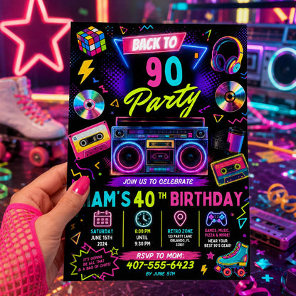 Editable Neon Glow Birthday Invitation Canva Template, Retro Neon Cute Modern Fun Themed DIY Sweet Party Invite, Printable Digital Download.