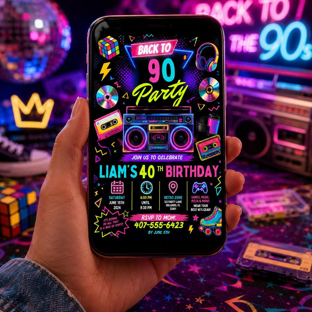 Editable Neon Glow Birthday Invitation Canva Template, Retro Neon Cute Modern Fun Themed DIY Sweet Party Invite, Printable Digital Download.