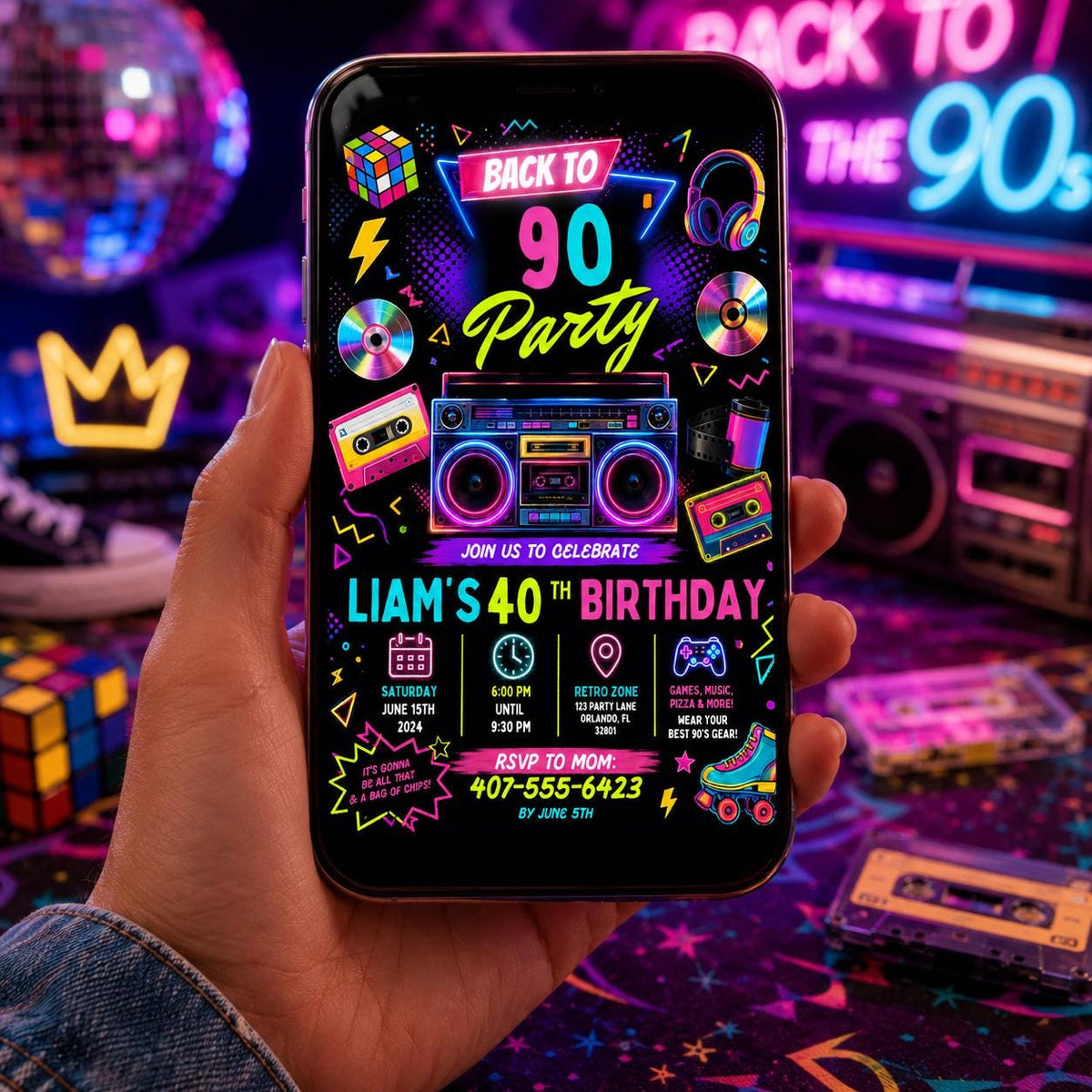 Editable Neon Glow Birthday Invitation Canva Template, Retro Neon Cute Modern Fun Themed DIY Sweet Party Invite, Printable Digital Download.