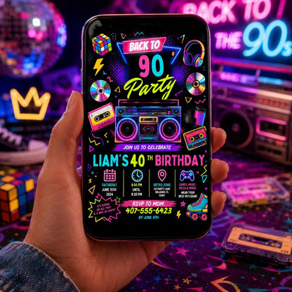 Editable Neon Glow Birthday Invitation Canva Template, Retro Neon Cute Modern Fun Themed DIY Sweet Party Invite, Printable Digital Download.