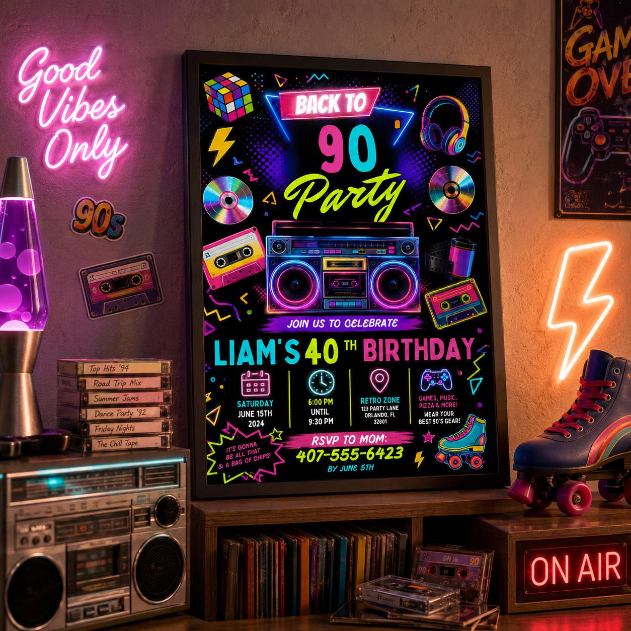 Editable Neon Glow Birthday Invitation Canva Template, Retro Neon Cute Modern Fun Themed DIY Sweet Party Invite, Printable Digital Download.