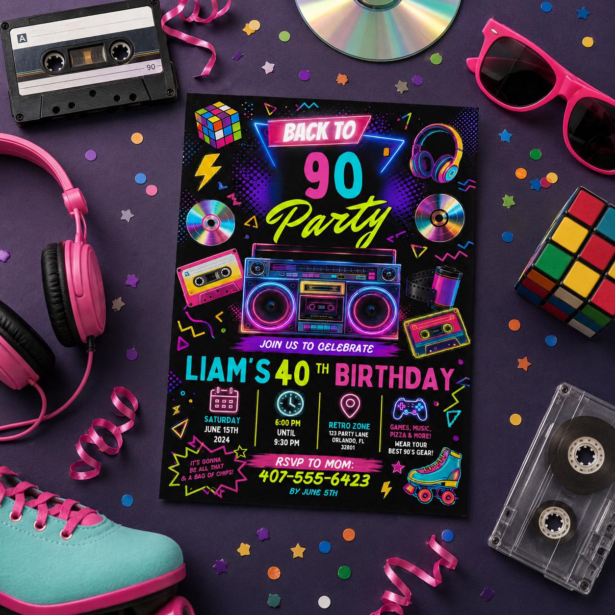 Editable Neon Glow Birthday Invitation Canva Template, Retro Neon Cute Modern Fun Themed DIY Sweet Party Invite, Printable Digital Download.