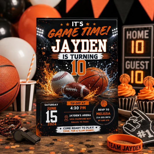 Editable Sports Birthday Invitation Canva Template, All Star Football Basketball Party Invite for Boys, Kids, Printable DIY Digital Download