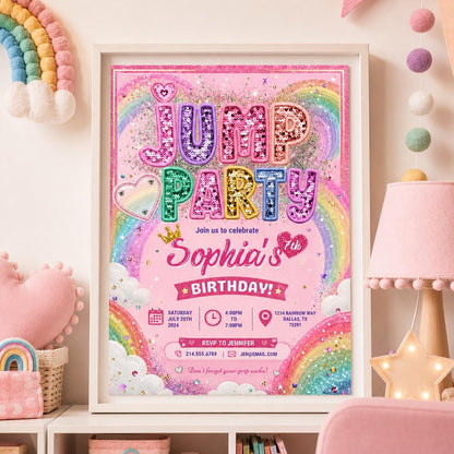 Editable Trampoline Park Birthday Invitation Canva Template, Cute Modern Fun Themed DIY Sweet Chic Party Invite, Printable Digital Download.