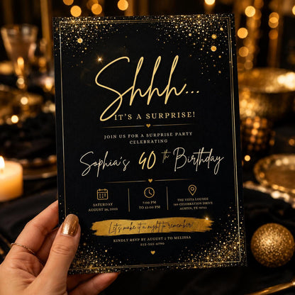Editable Surprise Birthday Invitation Canva Template, Gold Black Adult Cute Fun DIY Chic Kids Teen Party Invite, Printable Digital Download.
