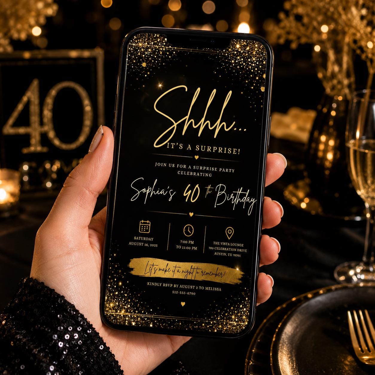 Editable Surprise Birthday Invitation Canva Template, Gold Black Adult Cute Fun DIY Chic Kids Teen Party Invite, Printable Digital Download.