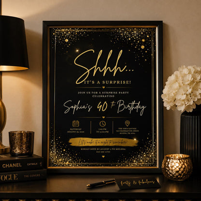 Editable Surprise Birthday Invitation Canva Template, Gold Black Adult Cute Fun DIY Chic Kids Teen Party Invite, Printable Digital Download.