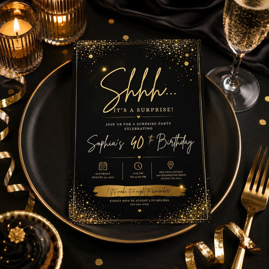 Editable Surprise Birthday Invitation Canva Template, Gold Black Adult Cute Fun DIY Chic Kids Teen Party Invite, Printable Digital Download.