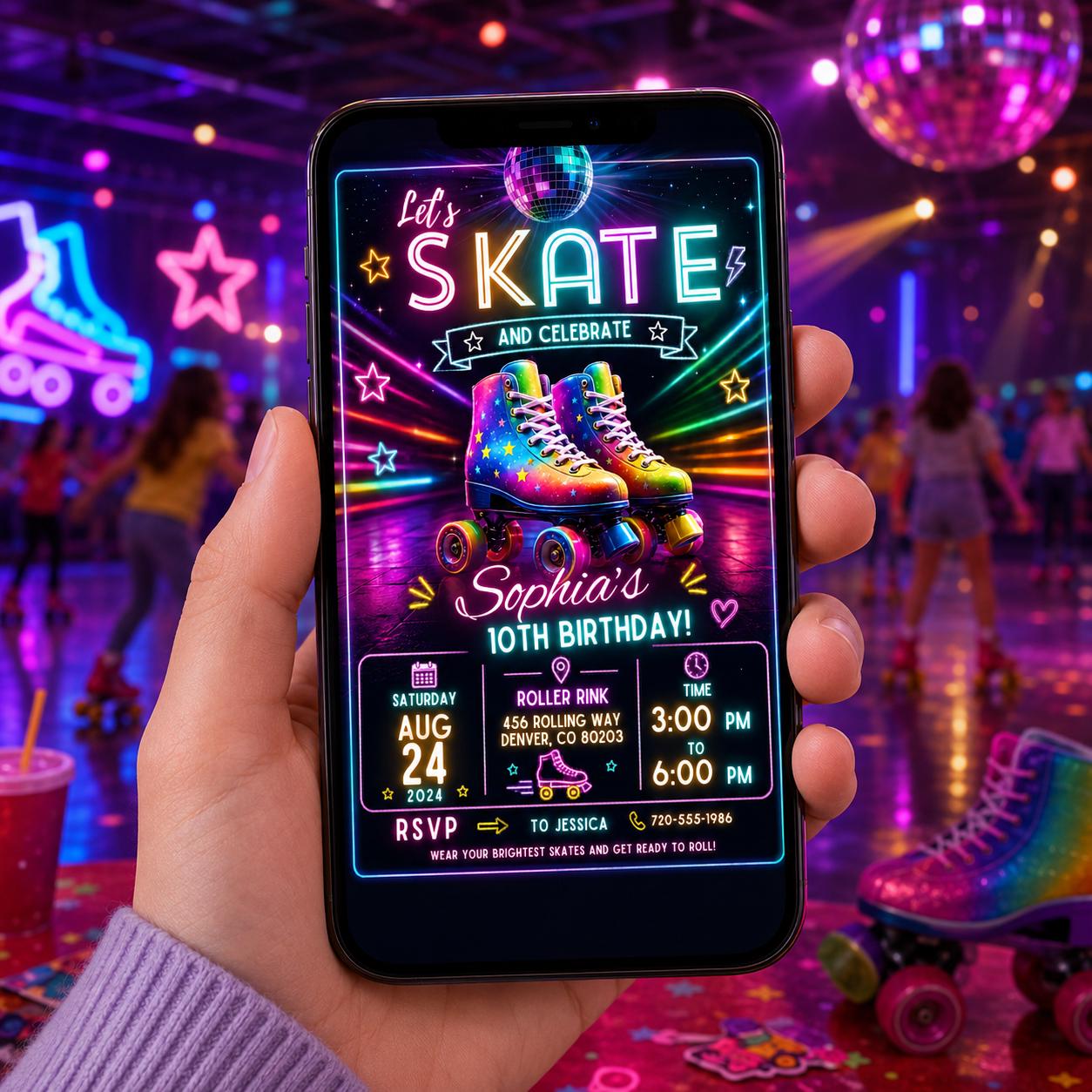 Editable Neon Glow Birthday Invitation Canva Template, Retro Girls Teens Neon Cute Fun Instant DIY Party Invite, Printable Digital Download.