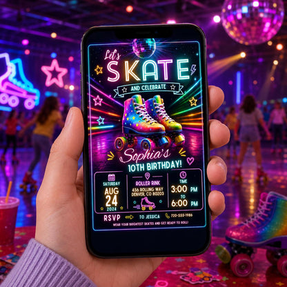 Editable Neon Glow Birthday Invitation Canva Template, Retro Girls Teens Neon Cute Fun Instant DIY Party Invite, Printable Digital Download.
