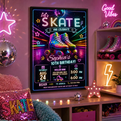 Editable Neon Glow Birthday Invitation Canva Template, Retro Girls Teens Neon Cute Fun Instant DIY Party Invite, Printable Digital Download.